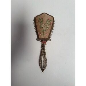 Victorian Silk Ribbon Work Hand Mirror Floral Petit Point Beaded Handle